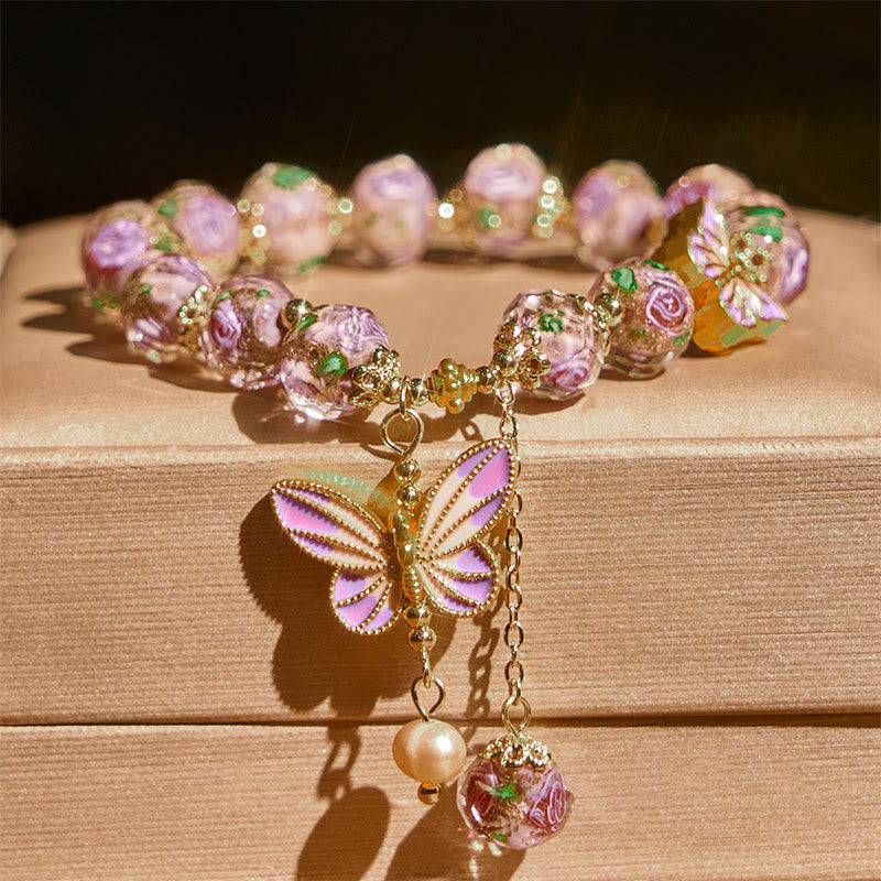 Wear FengShui Double Butterflies Charm Flower Liuli Glass Beaded Love Bracelet