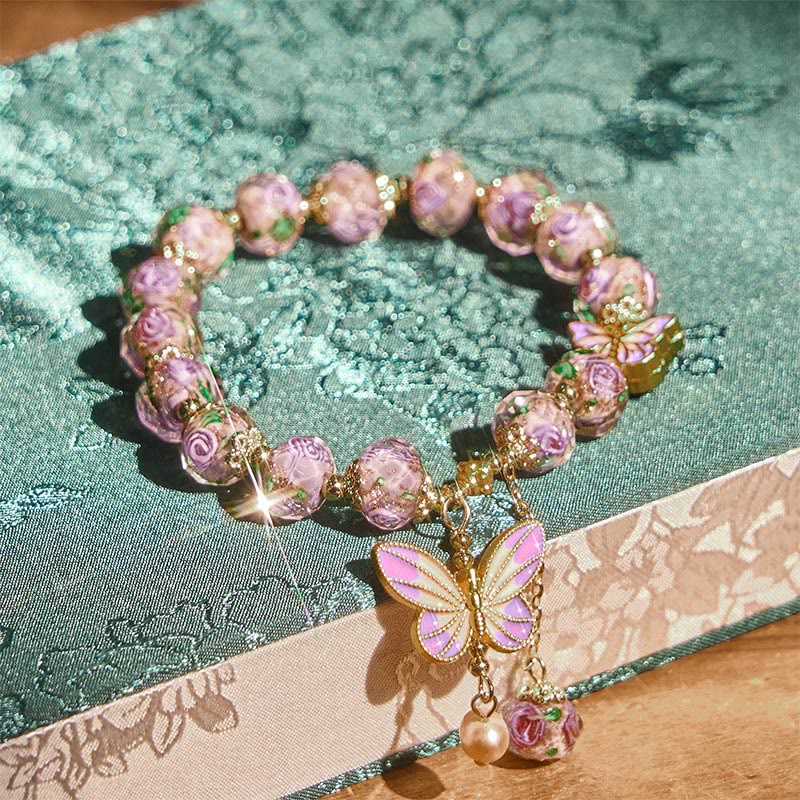 Wear FengShui Double Butterflies Charm Flower Liuli Glass Beaded Love Bracelet