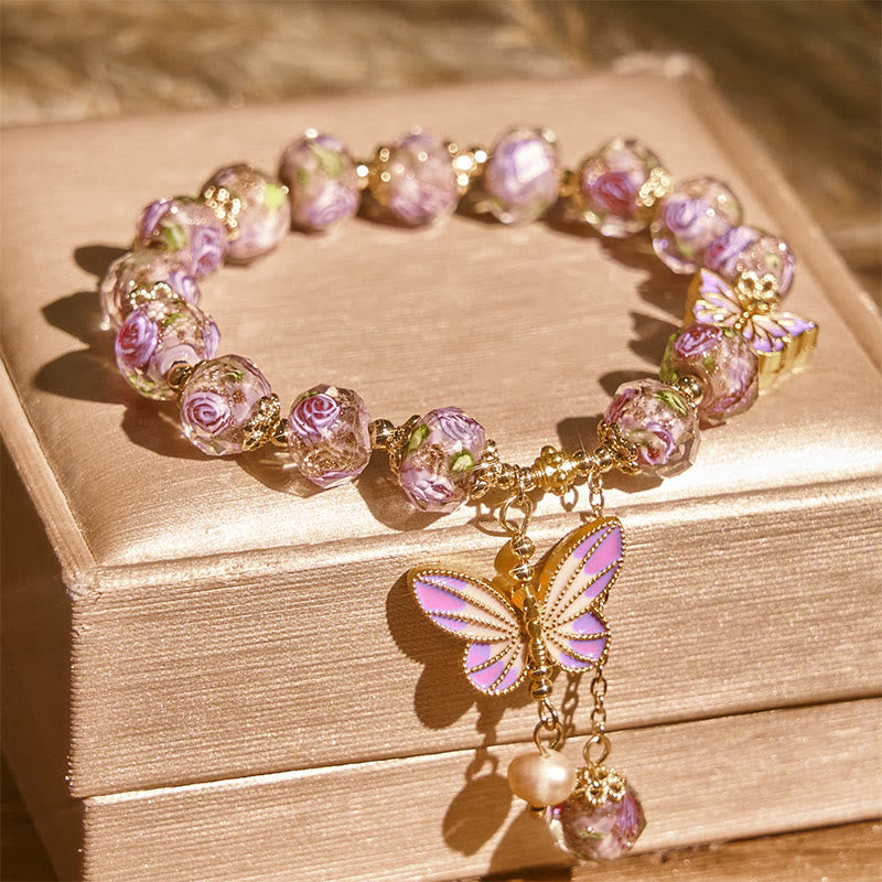 Wear FengShui Double Butterflies Charm Flower Liuli Glass Beaded Love Bracelet