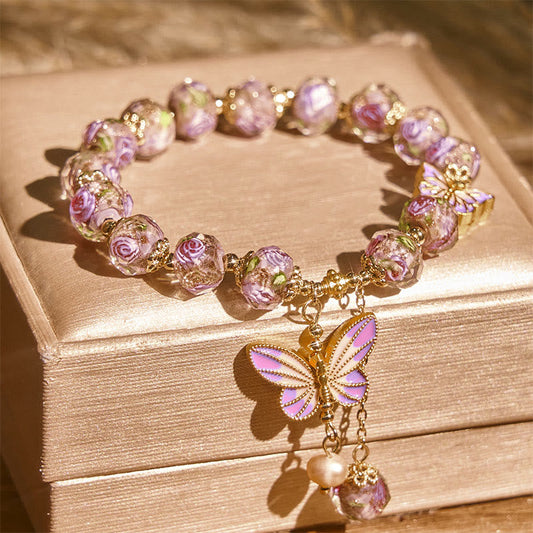 Wear FengShui Double Butterflies Charm Flower Liuli Glass Beaded Love Bracelet