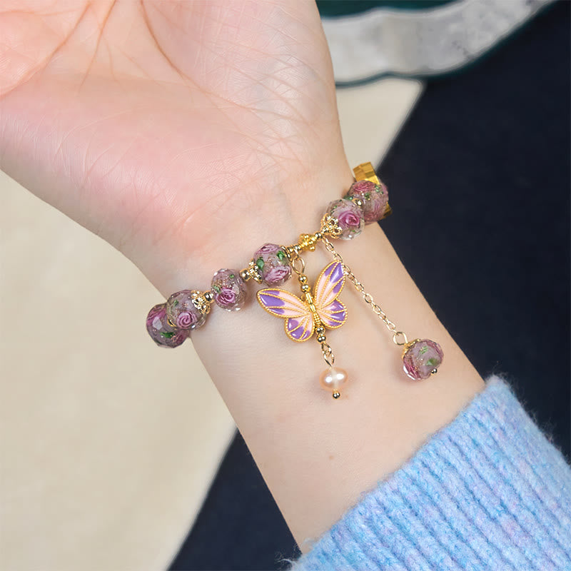 Wear FengShui Double Butterflies Charm Flower Liuli Glass Beaded Love Bracelet