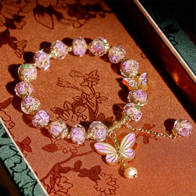 Wear FengShui Double Butterflies Charm Flower Liuli Glass Beaded Love Bracelet