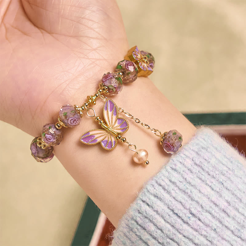 Wear FengShui Double Butterflies Charm Flower Liuli Glass Beaded Love Bracelet