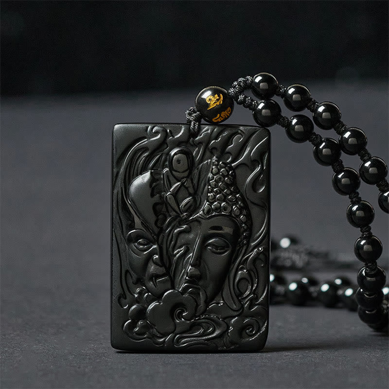 Wear FengShui Half Demon Half Buddha Relief Design Black Obsidian Strength Necklace Pendant