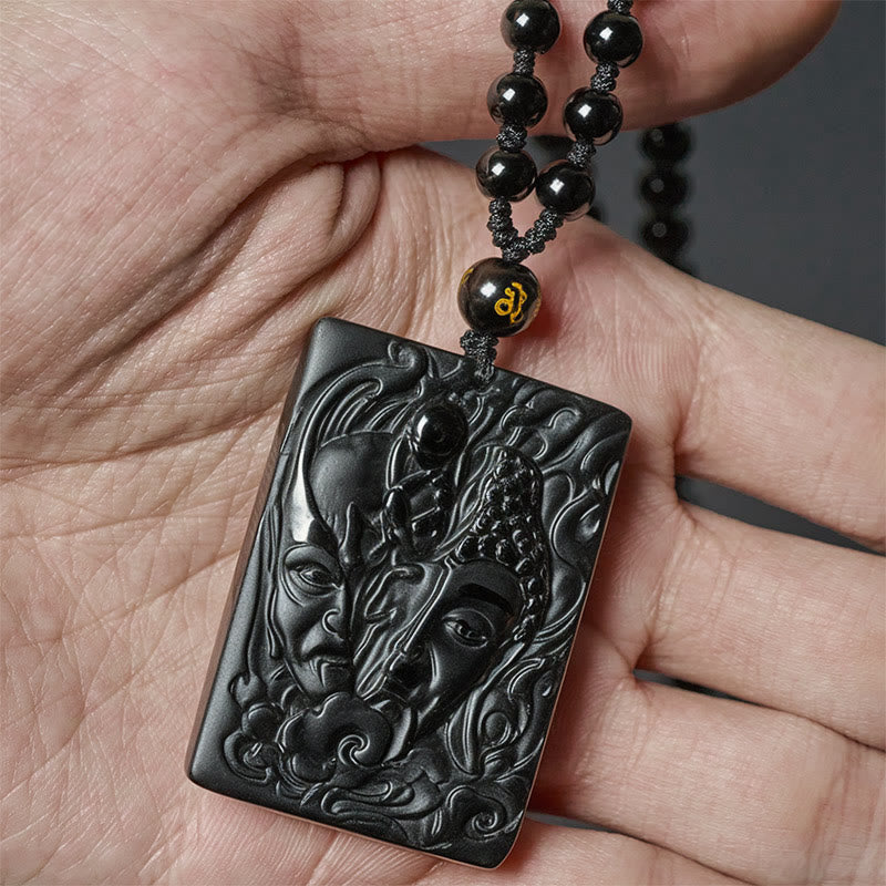 Wear FengShui Half Demon Half Buddha Relief Design Black Obsidian Strength Necklace Pendant