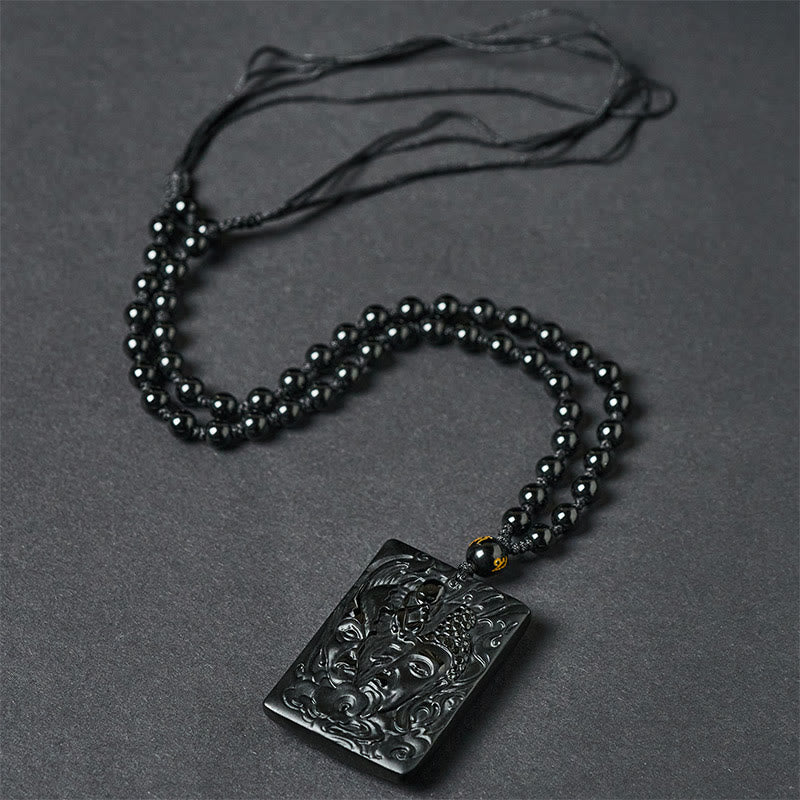 Wear FengShui Half Demon Half Buddha Relief Design Black Obsidian Strength Necklace Pendant