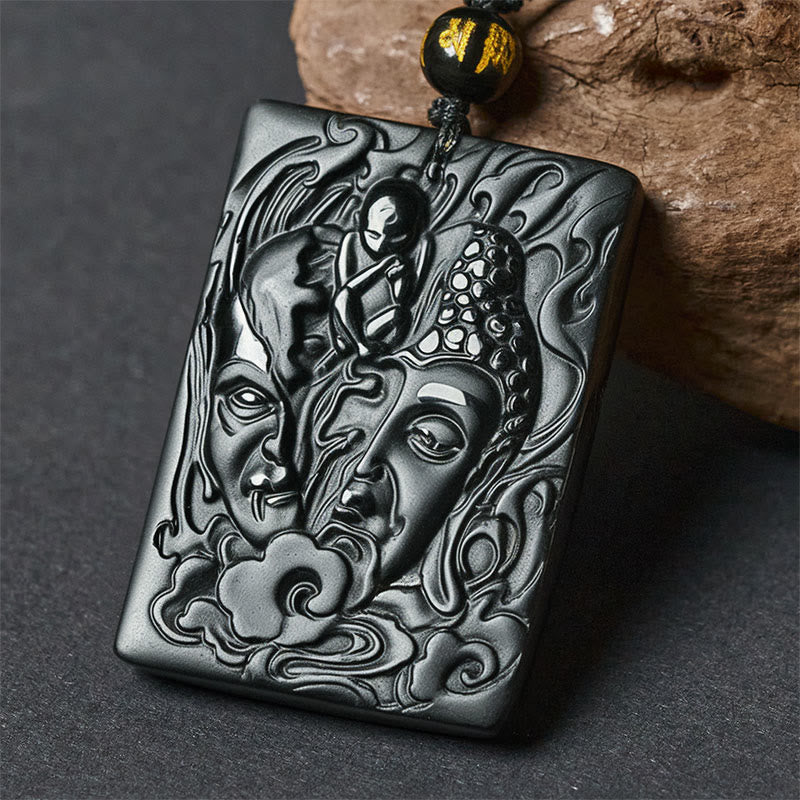 Wear FengShui Half Demon Half Buddha Relief Design Black Obsidian Strength Necklace Pendant