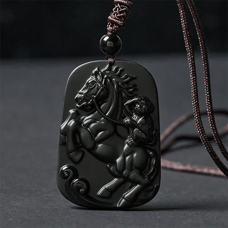 Wear FengShui Year of the Horse Monkey Design Black Obsidian Purification Necklace Pendant