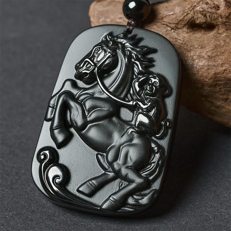 Wear FengShui Year of the Horse Monkey Design Black Obsidian Purification Necklace Pendant