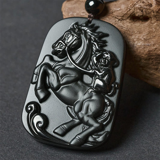 Wear FengShui Year of the Horse Monkey Design Black Obsidian Purification Necklace Pendant