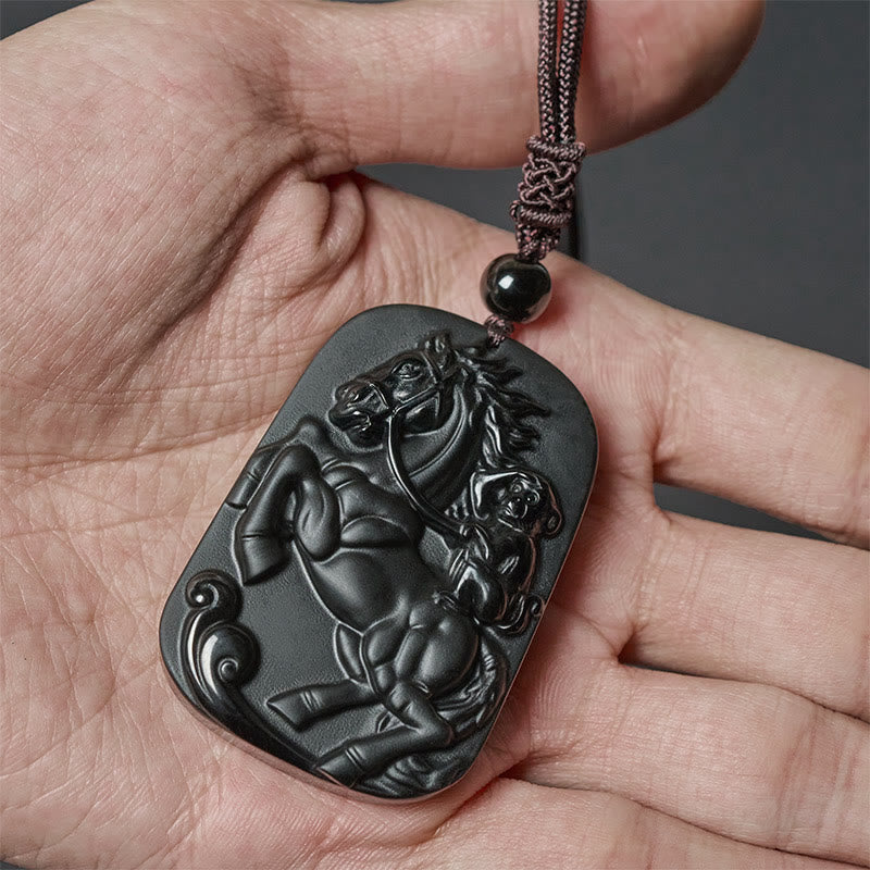 Wear FengShui Year of the Horse Monkey Design Black Obsidian Purification Necklace Pendant