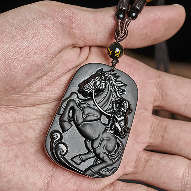 Wear FengShui Year of the Horse Monkey Design Black Obsidian Purification Necklace Pendant