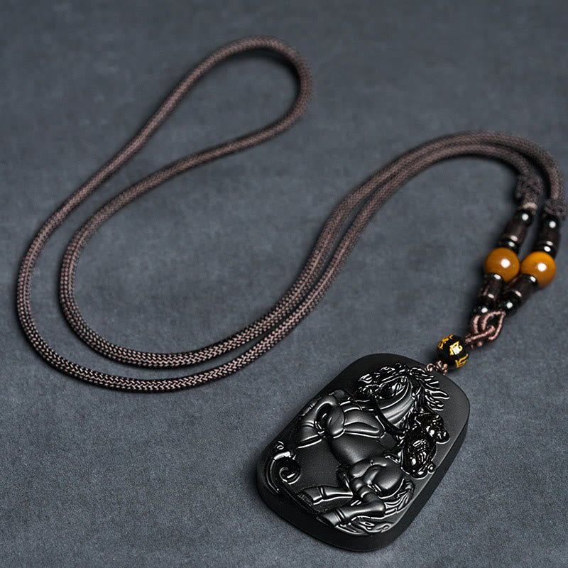 Wear FengShui Year of the Horse Monkey Design Black Obsidian Purification Necklace Pendant