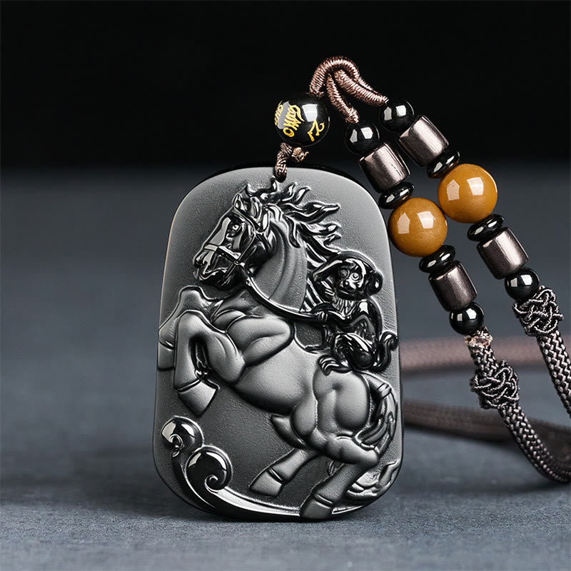Wear FengShui Year of the Horse Monkey Design Black Obsidian Purification Necklace Pendant