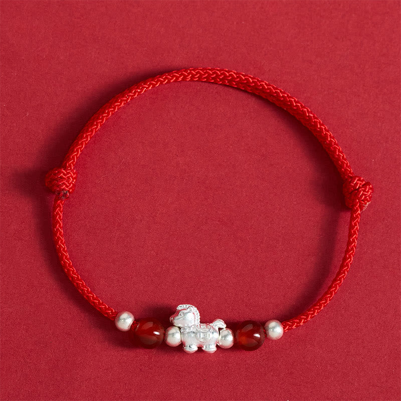 Wear FengShui 999 Sterling Silver Red Agate Year Of The Horse Prosperity String Bracelet