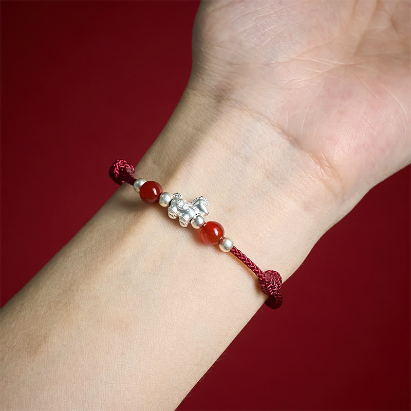 Wear FengShui 999 Sterling Silver Red Agate Year Of The Horse Prosperity String Bracelet