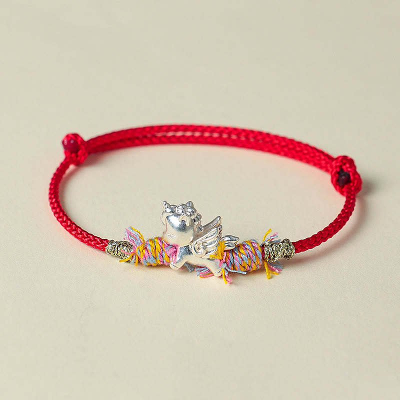 Wear FengShui Year of the Horse 999 Sterling Silver Winged Horse Fu Character Red String Luck Bracelet