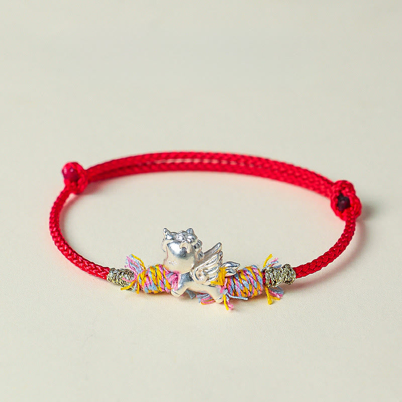 Wear FengShui Year of the Horse 999 Sterling Silver Winged Horse Fu Character Red String Luck Bracelet