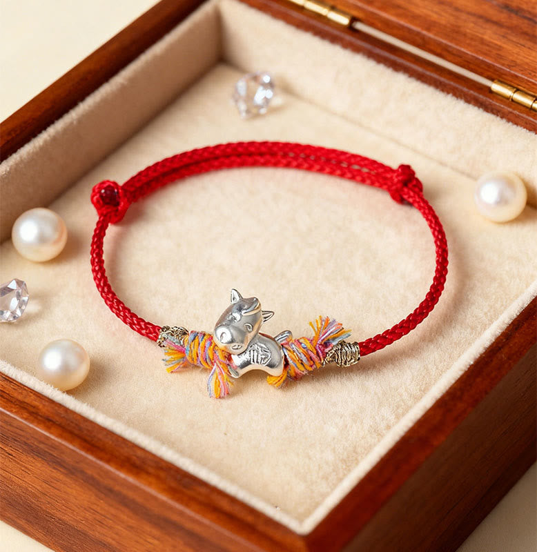 Wear FengShui Year of the Horse 999 Sterling Silver Winged Horse Fu Character Red String Luck Bracelet
