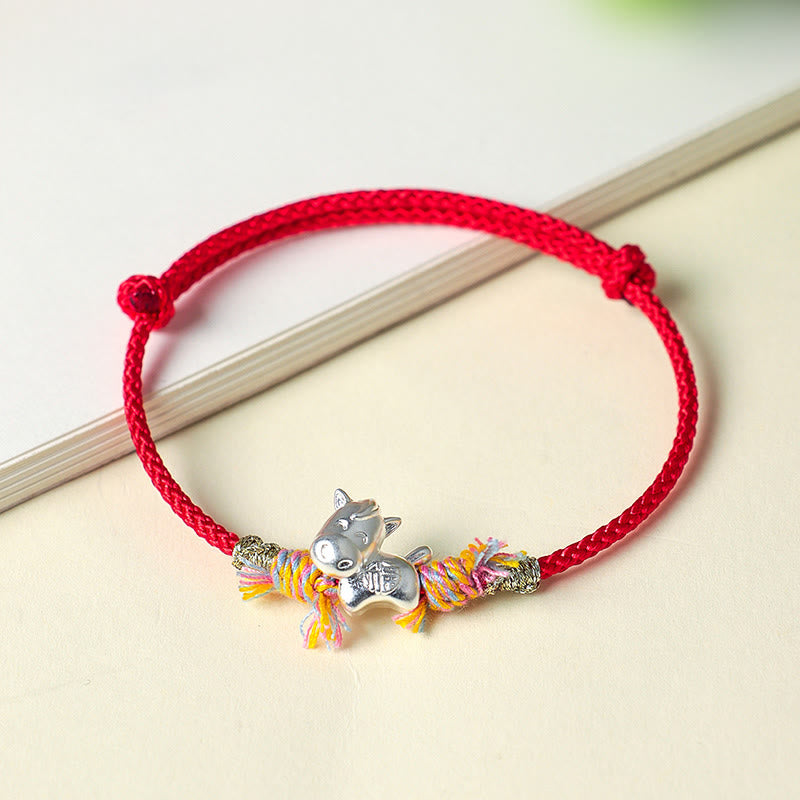 Wear FengShui Year of the Horse 999 Sterling Silver Winged Horse Fu Character Red String Luck Bracelet