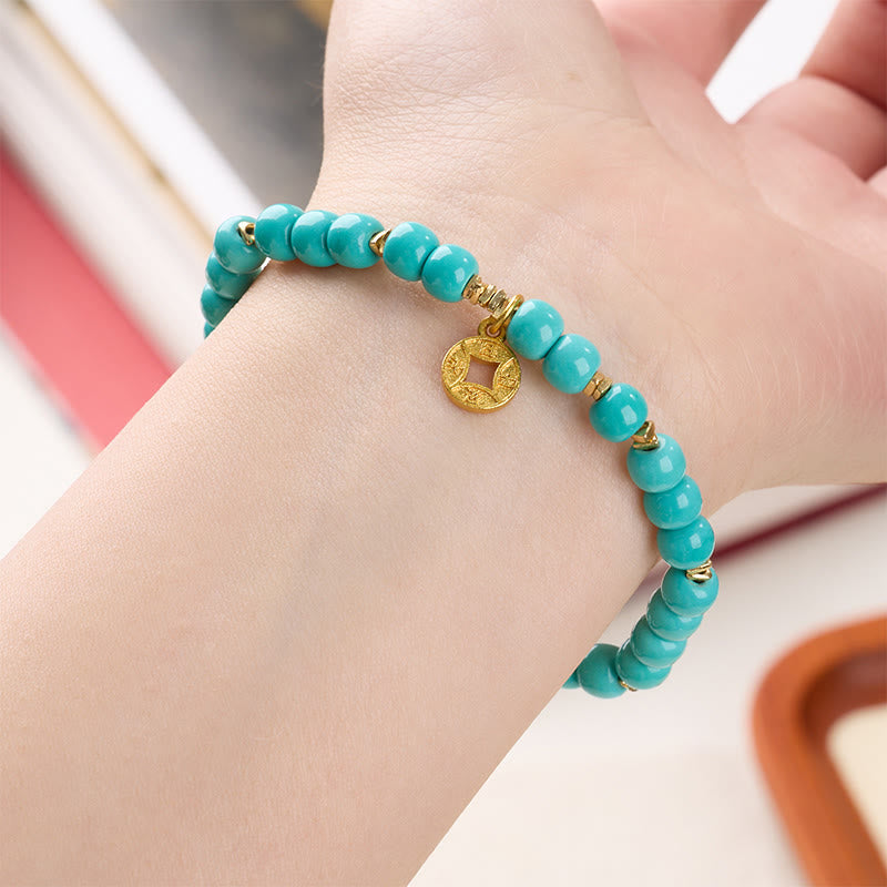 Buddha Stones Copper Coins Charm Imitation Turquoise Bracelet