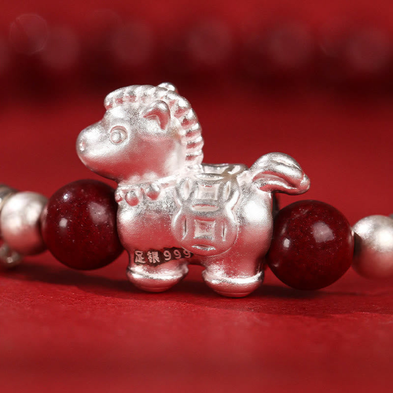 Buddha Stones Year Of The Horse Red Agate 999 Sterling Silver Cinnabar Calm Bracelet