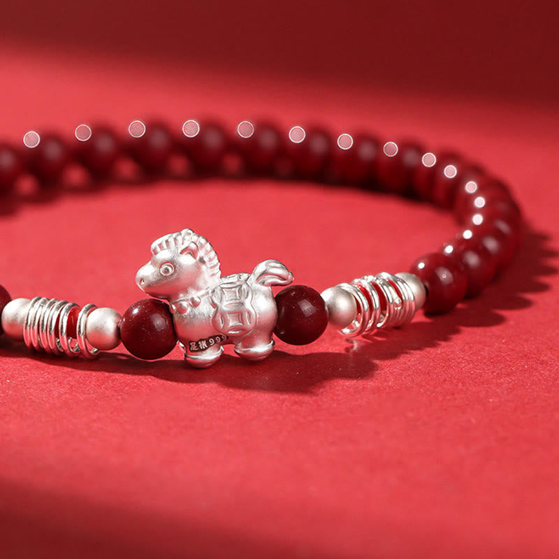 Buddha Stones Year Of The Horse Red Agate 999 Sterling Silver Cinnabar Calm Bracelet