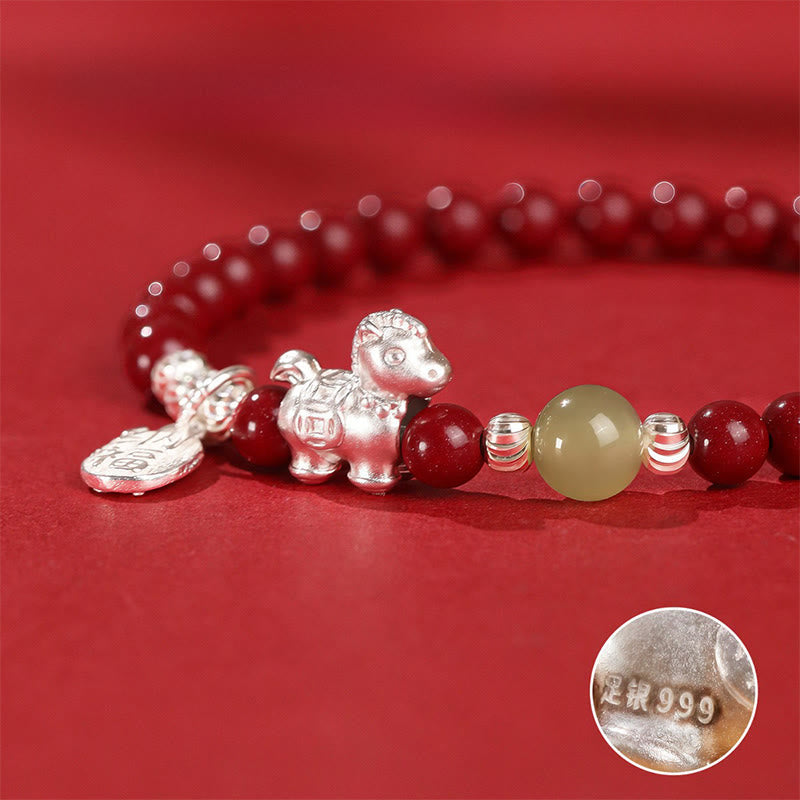 Wear FengShui Year Of The Horse Cinnabar Hetian Jade 999 Sterling Silver Red String Concentration Bracelet