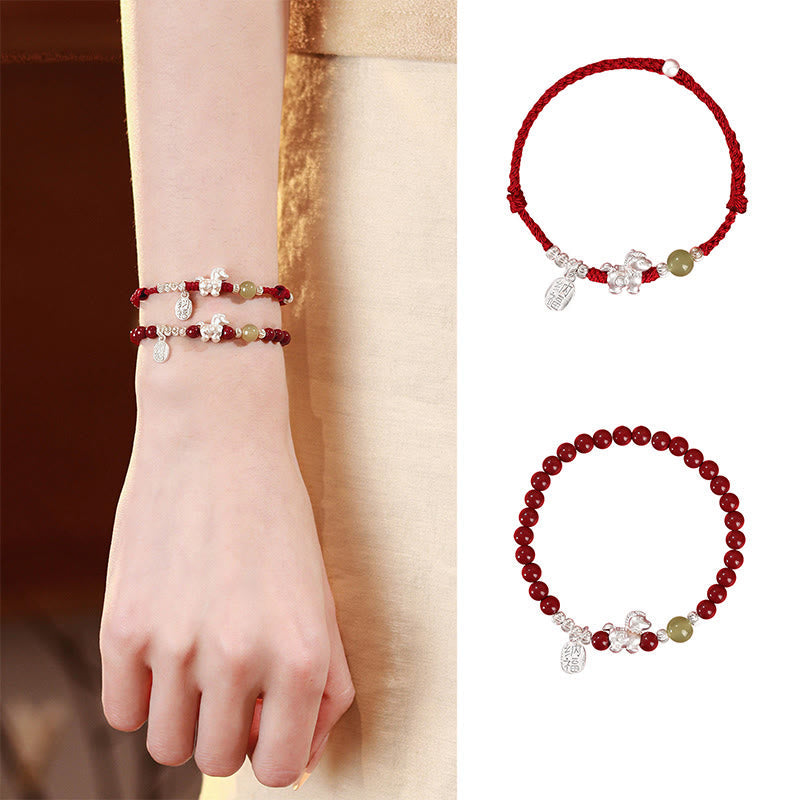 Wear FengShui Year Of The Horse Cinnabar Hetian Jade 999 Sterling Silver Red String Concentration Bracelet