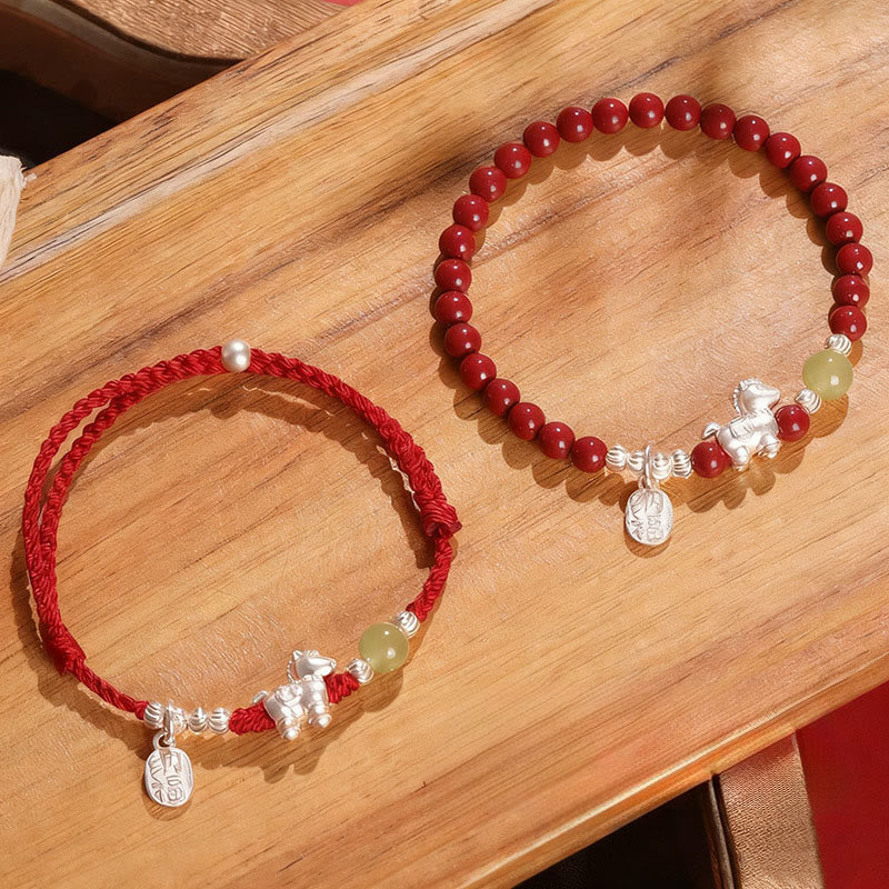 Wear FengShui Year Of The Horse Cinnabar Hetian Jade 999 Sterling Silver Red String Concentration Bracelet