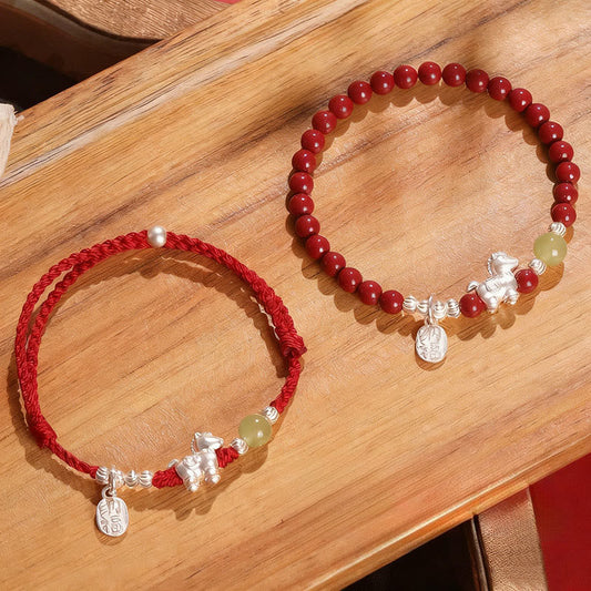 Wear FengShui Year Of The Horse Cinnabar Hetian Jade 999 Sterling Silver Red String Concentration Bracelet