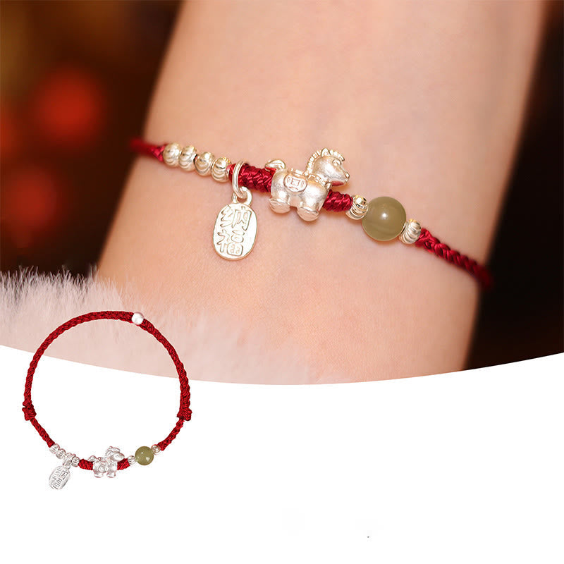 Wear FengShui Year Of The Horse Cinnabar Hetian Jade 999 Sterling Silver Red String Concentration Bracelet