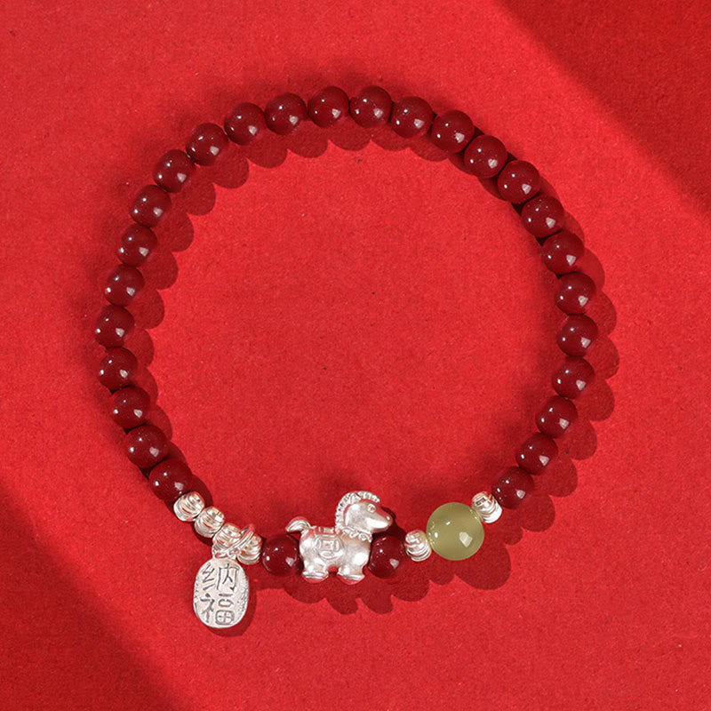 Wear FengShui Year Of The Horse Cinnabar Hetian Jade 999 Sterling Silver Red String Concentration Bracelet
