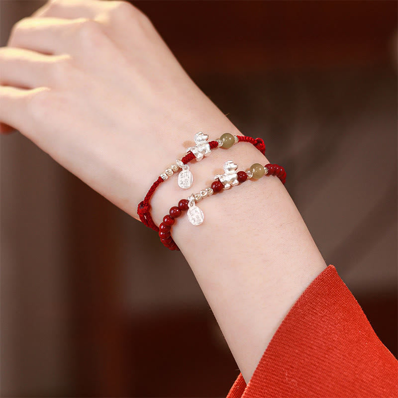 Wear FengShui Year Of The Horse Cinnabar Hetian Jade 999 Sterling Silver Red String Concentration Bracelet
