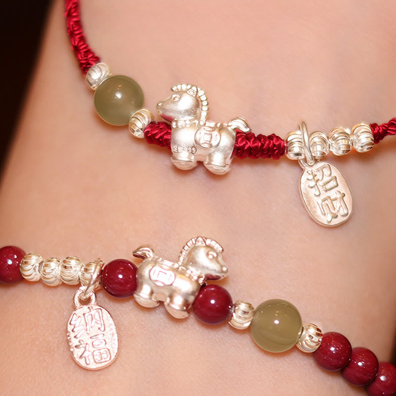 Wear FengShui Year Of The Horse Cinnabar Hetian Jade 999 Sterling Silver Red String Concentration Bracelet
