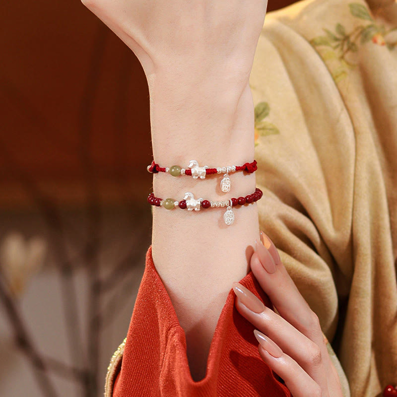 Wear FengShui Year Of The Horse Cinnabar Hetian Jade 999 Sterling Silver Red String Concentration Bracelet