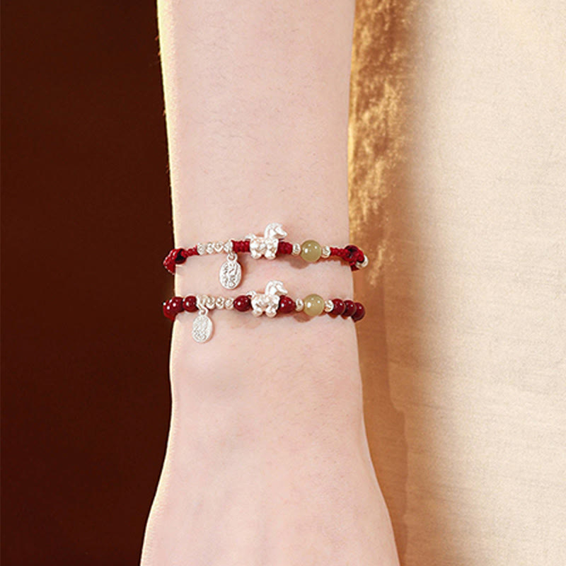 Wear FengShui Year Of The Horse Cinnabar Hetian Jade 999 Sterling Silver Red String Concentration Bracelet