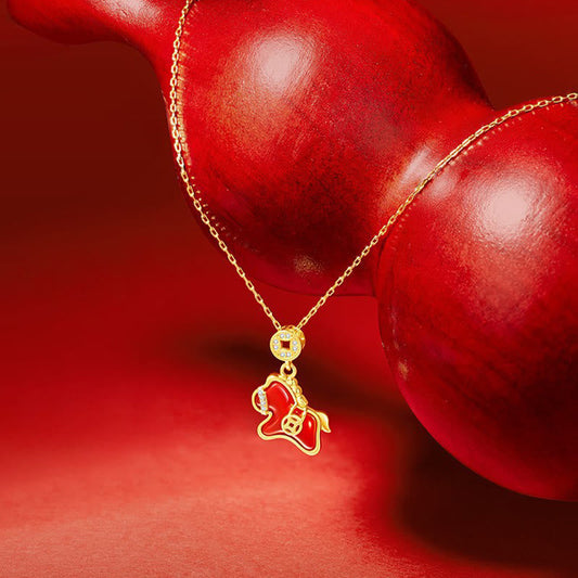 Wear FengShui Year Of The Horse Copper Coin 925 Sterling Silver Red Agate Blessing Necklace Pendants