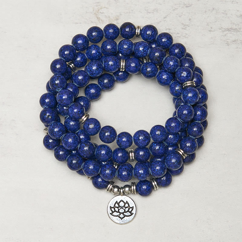 Wear FengShui 108 Beads Lazurite Lotus Symbol Charm Positive Mala