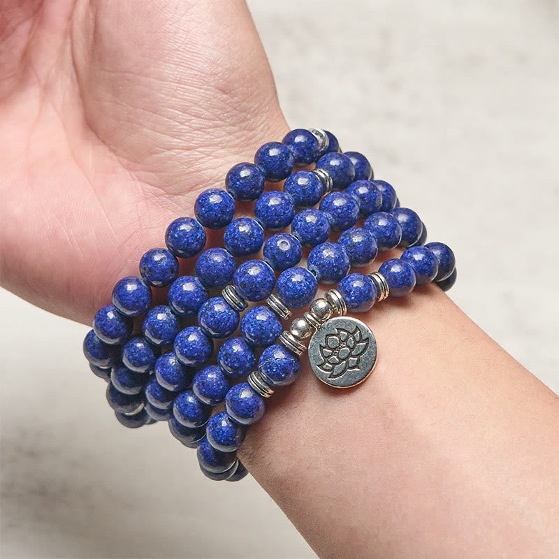 Wear FengShui 108 Beads Lazurite Lotus Symbol Charm Positive Mala