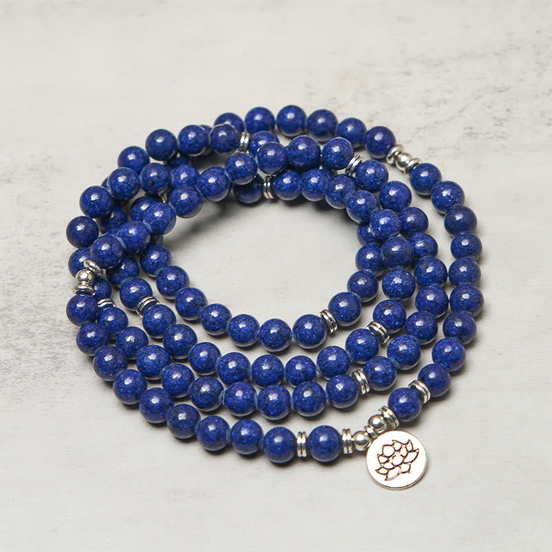 Wear FengShui 108 Beads Lazurite Lotus Symbol Charm Positive Mala