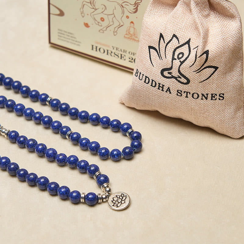 Wear FengShui 108 Beads Lazurite Lotus Symbol Charm Positive Mala