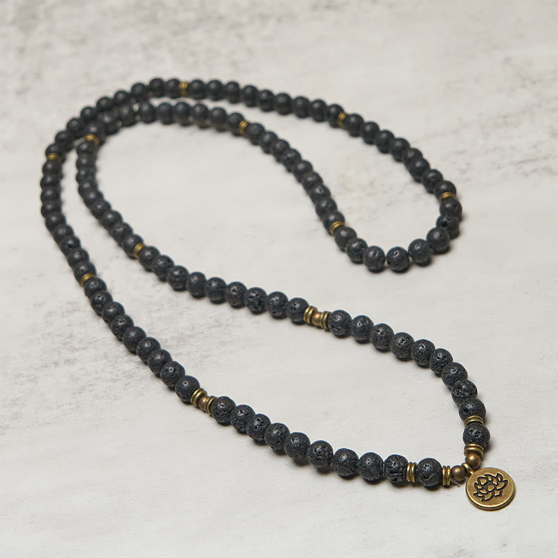Wear FengShui Retro Lotus Symbol Charm Lava Rock Bead Healing New Beginning Mala
