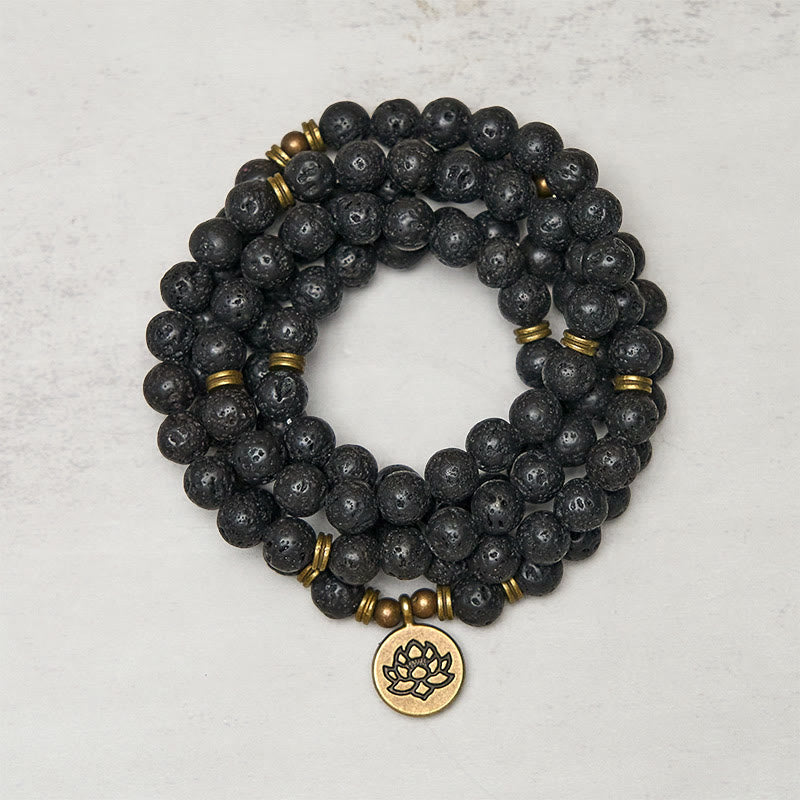 Wear FengShui Retro Lotus Symbol Charm Lava Rock Bead Healing New Beginning Mala