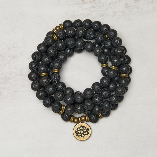 Wear FengShui Retro Lotus Symbol Charm Lava Rock Bead Healing New Beginning Mala