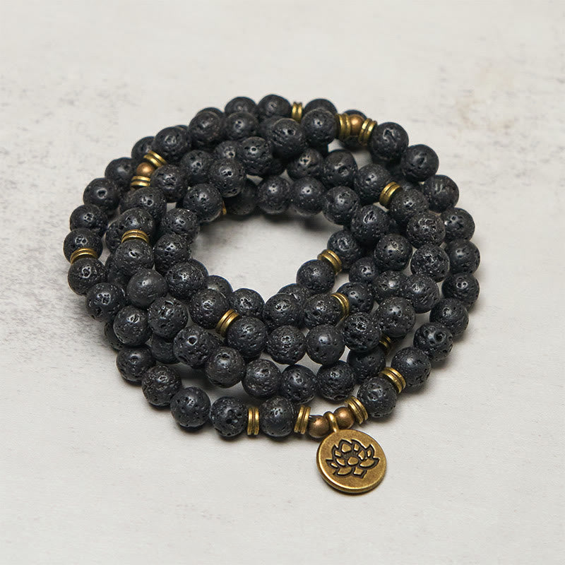 Wear FengShui Retro Lotus Symbol Charm Lava Rock Bead Healing New Beginning Mala