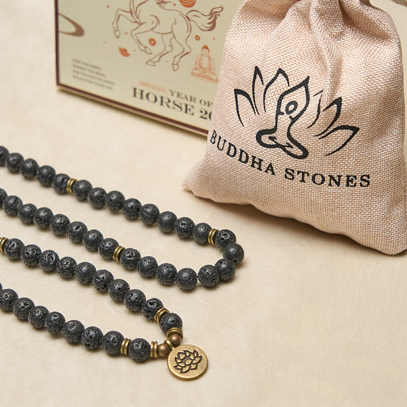 Wear FengShui Retro Lotus Symbol Charm Lava Rock Bead Healing New Beginning Mala