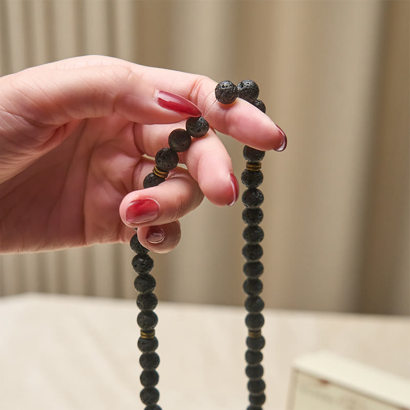 Wear FengShui Retro Lotus Symbol Charm Lava Rock Bead Healing New Beginning Mala