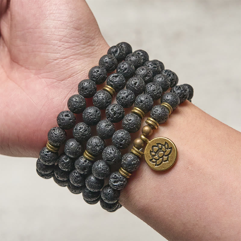 Wear FengShui Retro Lotus Symbol Charm Lava Rock Bead Healing New Beginning Mala