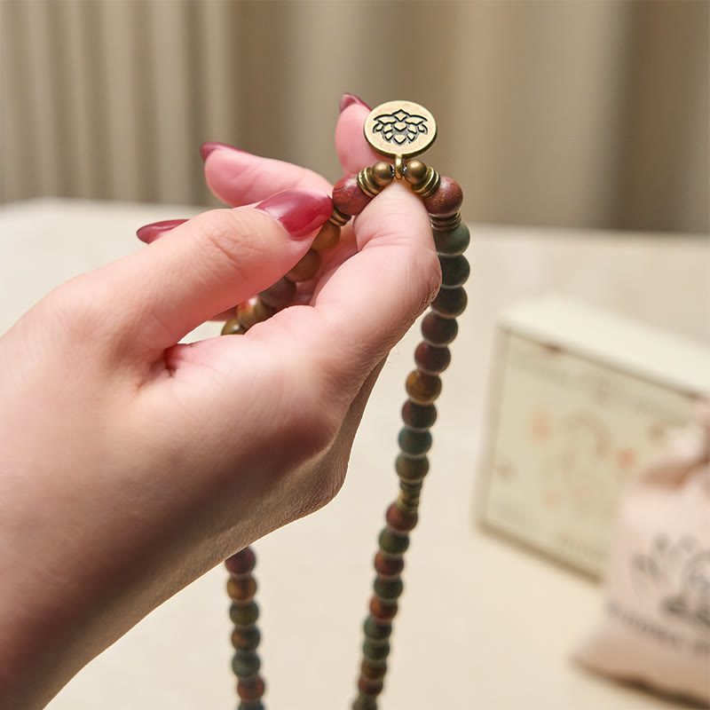 Wear FengShui Retro Lotus Symbol Charm Round Bead Red Turquoise Warm Mala